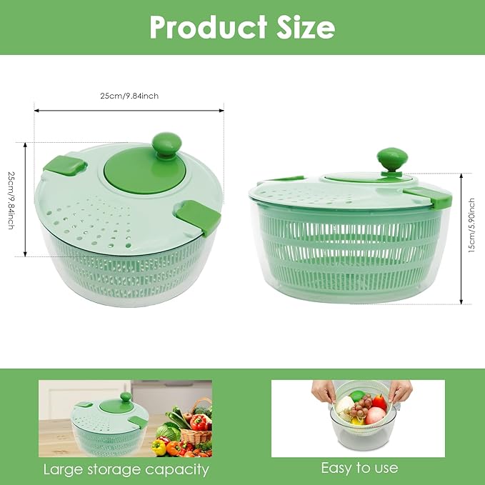 PP Salad Spinner, Multi-Use Basket, 4.22 QT Large Capacity Salad Washer Labor Saving Lettuce Spinner Multiple Water Outlet Lettuce Drainer for Household(Green)