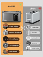 4 Slice Toaster Touch Screen Control, Long Extra Wide Slots Smart Bread Toaster, 6 Bread Types & 6 Shade Settings, Stainless Steel, with Removable Tray, Cancel/Defrost/Reheat Function, Grey