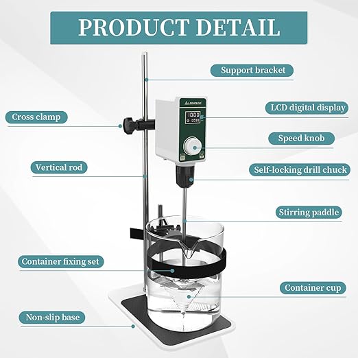 OS-15S Digital Overhead Stirrer 20L(H₂O) Lab Stirrer Flat-Base Stainless Steel Stand & 2 Stirring Paddles & Beaker Holder | 100-1500RPM,20000 mPas,Timing 1min-24h