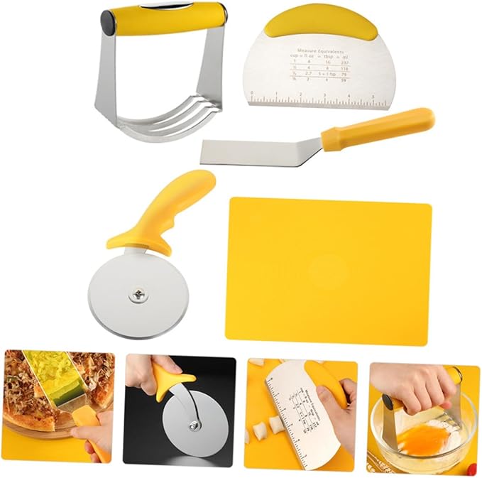 Zerodeko 5pcs Stainless Steel Pizza Cutter and Silicone Dough Kneading Mat Set with Measurement for Baking and Kitchen Cooking Tools
