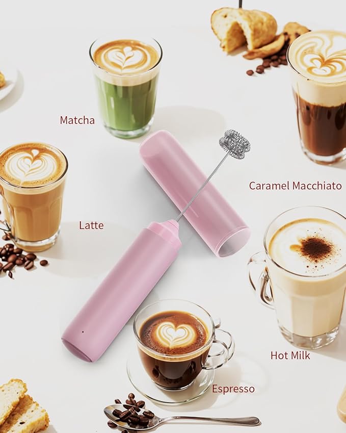 CIRCLE JOY Portable Rechargeable Milk Frother Hanheld, Dual Spring Whisk Electric Coffee Frother Wand Drink Mixer for Matcha Lattes Cappuccino, Kitchen Gifts, Pink