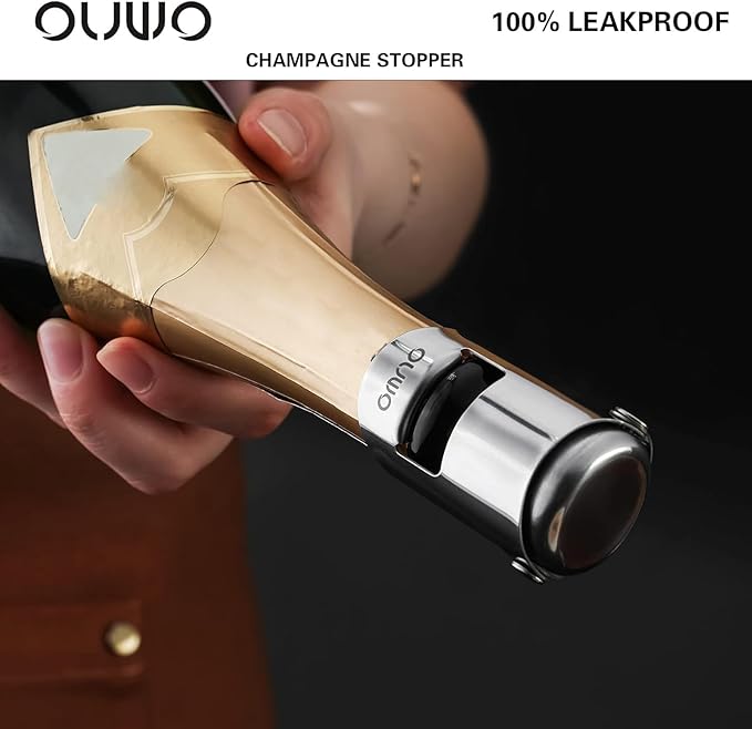 Champagne Stopper 6 Pack Stainless Steel Champagne Save with Food Grade Silicone, Leak-Proof Bubble Retaining Saver, Suitable for Champagne Prosecco Cava and Sparkling (Silver)