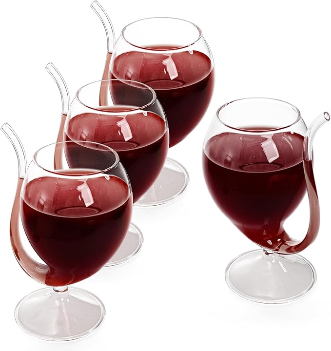 Tlence 4 Pack Straw Wine Glass, 12 OZ Sipping Wine Glasses with Built-in Straw, Creative Tube Cocktail Goblets, Clear Funny Decanter Cups for Juice Ice Cream Champagne Party Glassware Barware