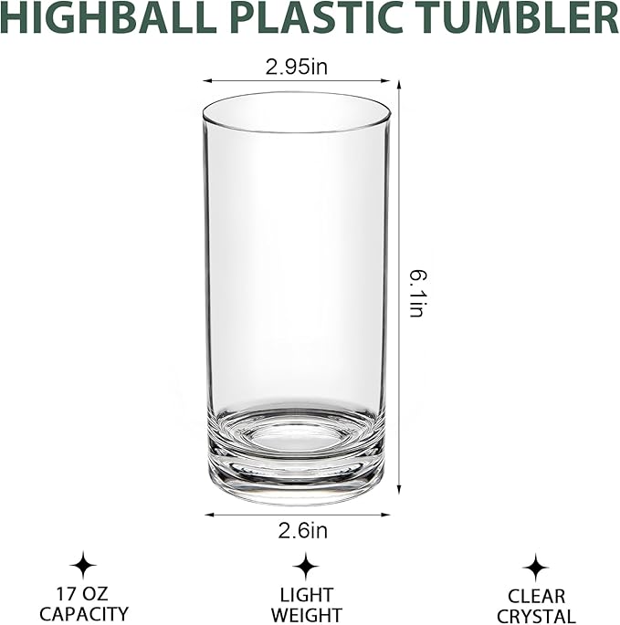 Shatterproof Plastic Drinking Glasses Set of 6, 17 Oz Clear Unbreakable Tumblers for Kitchen, Poolside & Patio – BPA-Free, Dishwasher-Safe, Acrylic Cups That Look Like Glass