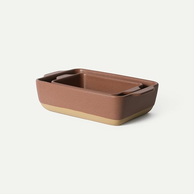 Mora Ceramic Set of 2 Baking Dishes For Casserole, Banana Bread, Brownies, Broiling, Roasting, and Baking. 7x11 in and Loaf Pans - Porcelain Serving Bakeware from Oven to Table. Freezer Safe - Terracotta