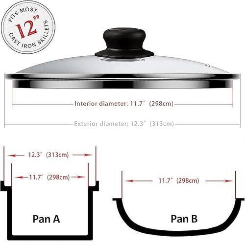 12 Inch Glass Lid for Frying Pan, Fry Pan, Skillet, Pan Lid, Fits Lodge 12 Inch Cast Iron Skillets and 7 Quart Dutch Ovens 12"/30cm, Clear