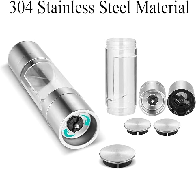 Salt and Pepper Shakers Grinder Set,2 in 1 Salt Grinder Refillable,Salt Shaker,Pepper Grinder（Stainless Steel - 8.7 Inch)