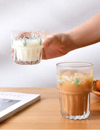 Ivymei Set of 2 Floral Drinking Glasses Cute Glass Coffee Cup Lily of the Valley Glass Cups for Juice,Iced Tea,Coffee,Latte,Dessert,Stackable Flower Glassware Drinkware Set(green)