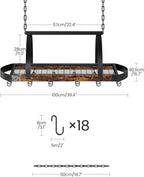 CHOEZON Hanging Pot Rack, Pot Hanger for Kitchen, Ceiling Mounted Pot Holder, Cookware Organizer with 18 S-Shaped Hooks, for Pot, Pan Storage, Space-Saving, Rustic Brown and Black TPR18BF