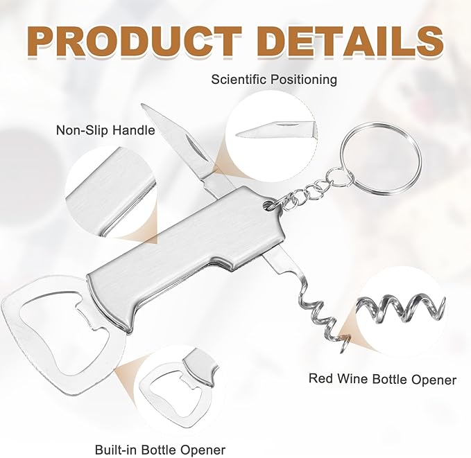 uxcell 4 Pcs Wine Opener, Bottle Opener Keychain, Durable Stainless Steel Waiter's Corkscrew, Compact All-In-One Home Bar Tool for Bar, Party, Wedding, Home, Travel, Silver