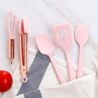 Collfa Rose Gold And Pink Kitchen Utensil Small Five-Piece Set Mini Silicone Kids Kitchen Tools Whisk Spatula Tongs Spoon And Slotted Spatula(Kids Baking Supplies)