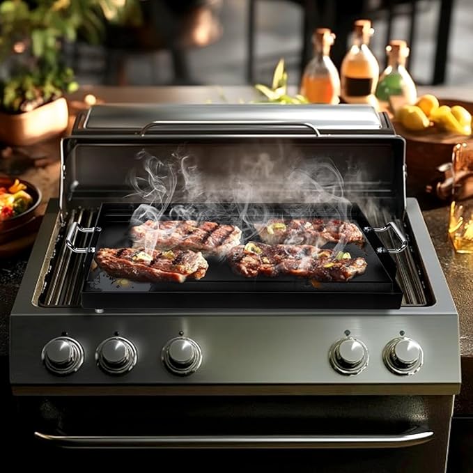 LotFun 30" x 15" Carbon Steel Cooking Griddle for Outdoor Gas Grill, Universal Griddle Flat Top Plate Insert with Grease Groove and Removable Handles for Electric/Charcoal/Gas Grill, Camping,Party