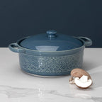 FUN ELEMENTS Lace Emboss Casserole Dish with Lid, 2 Quart Oven to Table Ceramic Round Serving Dish with Handles for Dinner and Party, Thanksgiving Christmas Gifts(Grayish Blue)