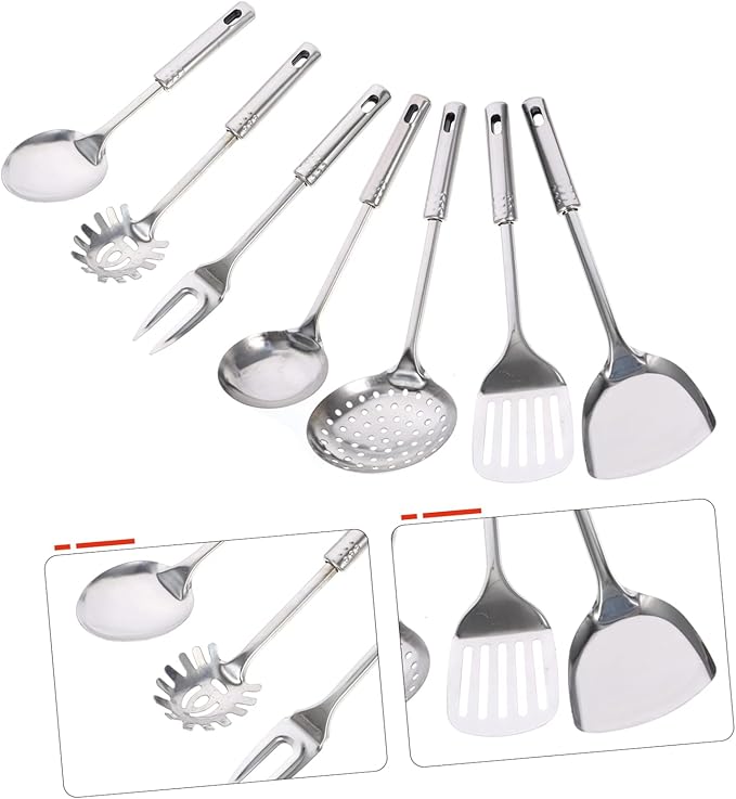 7-Piece Stainless Steel Kitchen Utensil Set Ladle Strainer and Spatula Sturdy Cooking Tools for Home Chefs for Soup Frying and Serving