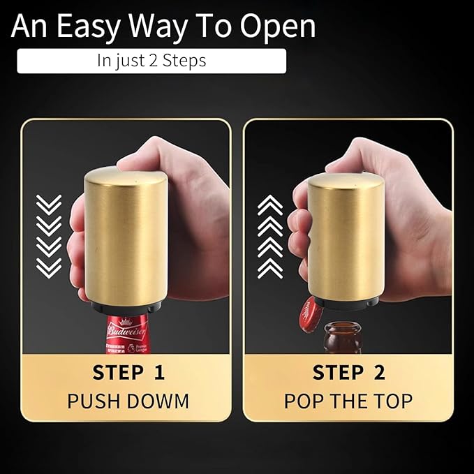 Automatic Beer Bottle Opener with Magnetic Cap, Stainless Steel One-Handed Lid Opening Spring Loaded Push&Pop Bottle Opener for Home Bars Picnic Camping Hiking（2PCS）