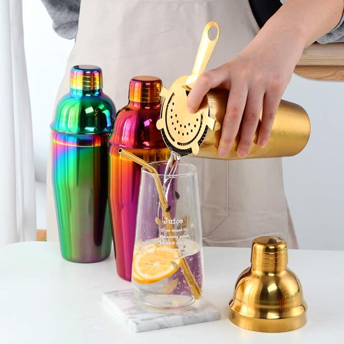 Cocktail Shaker Martini Shaker Set, Stainless Steel Bar & Wine Tools, 24 OZ Bartender Kit, Drink Mixer, Built-In Strainer For Home Bars Parties(Rainbow)