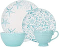 Pfaltzgraff Venice 16-Piece Stoneware Dinnerware Set, Service for 4, Aqua and White Color Combination, Durable and Chip Resistant, Microwave Safe