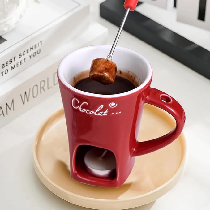 Chocolate Fondue Mug with Fork, Chocolate Fondue Cup, Personal Chocolate Melting Cup for Cheese, Ceramic Chocolate Melting Cup, Chocolate Melting Mug For Date Night Birthday Wedding Gifts (Red)