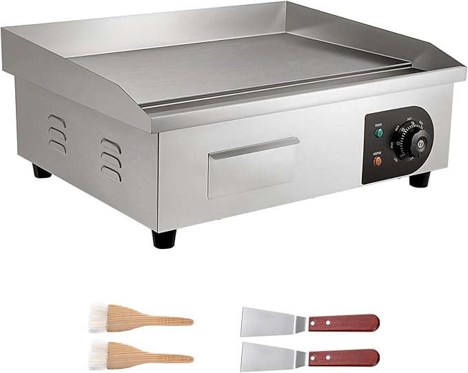 VEVOR Commercial Electric Griddle, 21 x 11.8 inch, 1750W, 122-570°F Adjustable Temp Control, Stainless Steel Countertop Flat Top Grill with 2 Spatulas, 2 Brushes and 4 Foot Pads, for Steak, Pancake