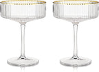 Viski Meridian Vintage Coupe Glasses, Art Deco Champagne Coupe Glassware, Gold Rimmed Stemmed Drinkware Set of 2, 11.5 oz