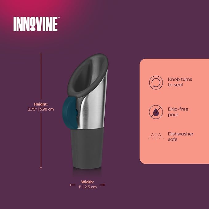 Innovine Wine Pourer and Stopper, Drip-Free Stainless Steel and Silicone Construction, Perfect for White and Red Wines, Home Bar Accessories, Kitchen Essentials, Set of 1, Deep Teal
