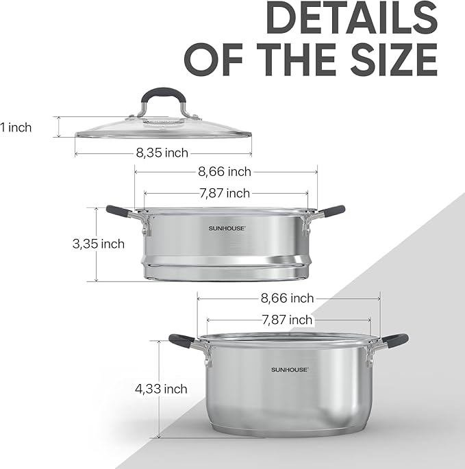 SUNHOUSE - 3.1 Quart Steamer Pots with Lid 2-Tier Multipurpose Stainless Steel Steaming Pot Cookware with Handle for Vegetable, Dumpling, Sauce, Food - Triple Bottom, Measurement Line