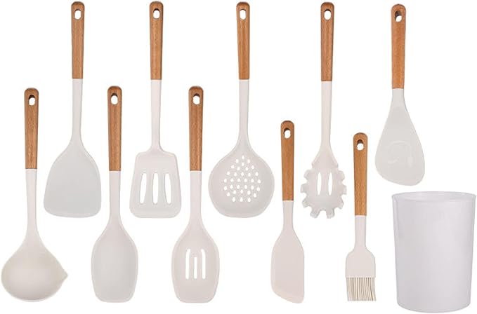 Silicone Kitchen Utensils Set 10 Piece, Heat Resistant, Non-Stick, Wooden Handle Cooking Tools