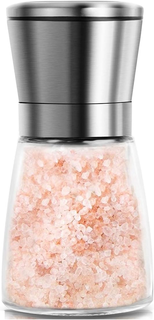 Mincham Manual Salt or Pepper Grinder for Professional Chef, Best Spice Mill with Stainless Steel Cap, Ceramic Blades and Adjustable Coarseness, Refillable Glass Body with 6OZ Capacity