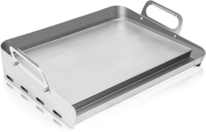 23" x 16" Stainless Steel Flat Top Griddle for Gas & Charcoal Grills, Universal Design for Outdoor & Home Cooking, with Grease Groove & Removable Handle, Ideal for Tailgating & Backyard Parties