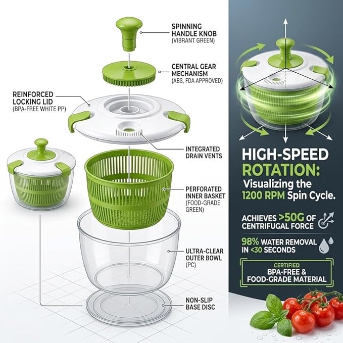 Salad Spinner-Lettuce Spinner | Best Fruit Washer With Fruit Washer Spinner Bowl, Easy-Spin Handle, 5QT
