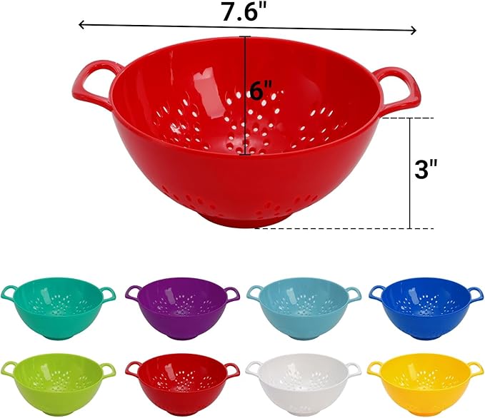 Noamus 8 Pack Mini Colander for Kitchen, 6 Inch Plastic Berry Bowl with Double Handles, Small Compact Food Strainers, Perforated Round Fruits Basket for Vegetables Pasta, BPA-Free, Food-Safe(8 Colors)