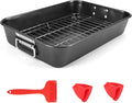Roasting Pan with Rack, 15.75x11.02’’ Baking Pan for Oven with Rack & Silicon Hand Clip & Oilbrush, Heavy Duty Dishwasher Safe Rectangular Lasagna Pan with Handle for Turkey, Dark Grey