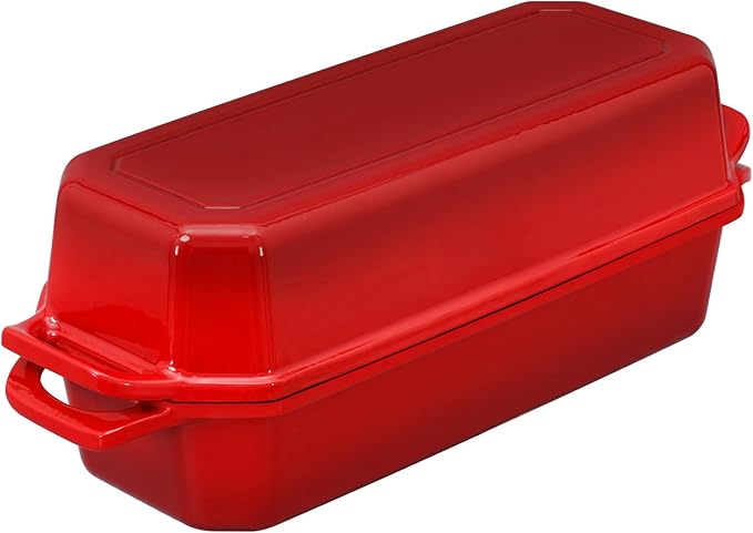 Flavehc Bread Pan Cast Iron Loaf Pan with Lid Bread Loaf Pan 13x5 Inch Enameled Cast Iron Sourdough Bread Pan,Red