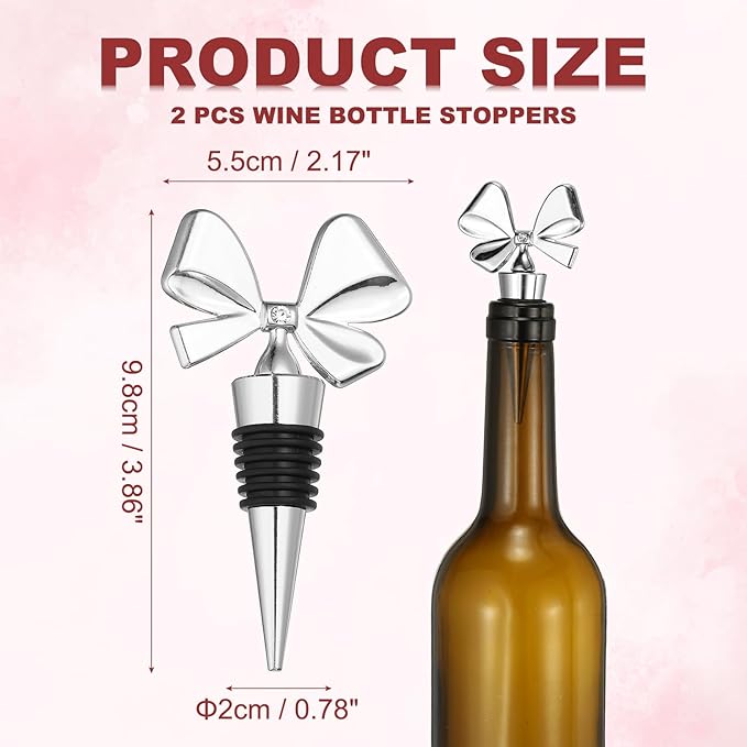 uxcell 2 Pcs Bow Wine Stopper, Reusable Wine Stoppers Airtight Leak-proof Bottle Plugs Liquor Saver Beer Beverage Glass Bottles Stopper for Bar Holiday Party Home Decor, Silver