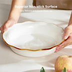 ONEMORE 9-Inch Deep Dish Pie Pan - Ceramic Pizza Pan for Oven, Baking Chicken Pot Pie, Quiche & Tarts - Rustic White Dish for Perfectly Crispy Crust, Large Ruffled Baking Plate