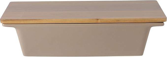 Gibson Elite 2.75-Quart 13.5" x 8.5" Stoneware Baking Dish with Acacia Wood Lid – Taupe Rectangular Oven Safe Baker for Casseroles, Roasting & Serving