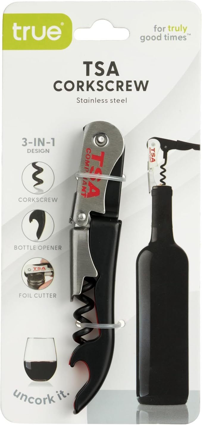 True Jetsetter TSA Compliant Double Hinged Waiters Corkscrew Wine Opener, Durable Stainless Steel with Built-in Bottle Opener and Foil Cutter for Travel, Outdoor Adventures, Home Bar, Set of 1, Black