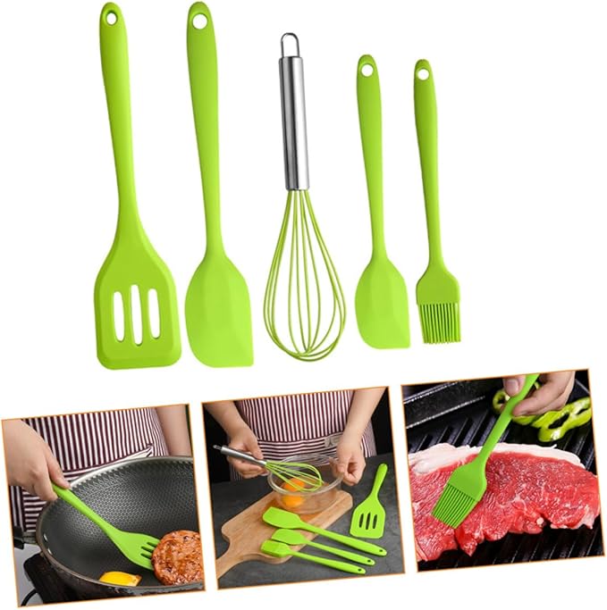 5pcs Silicone Utensil Kit Non-stick Cooking Gadgets Heat Resistant Egg Whisk and Baking Tools Set with Hanging for Kitchen Organization