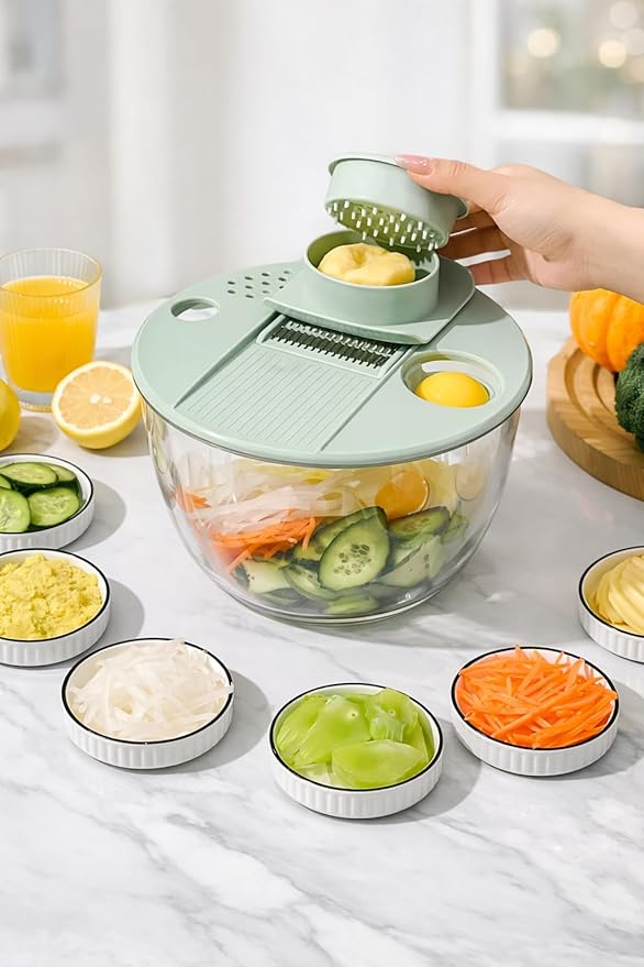 Salad Spinner 7‑Piece Multifunction Set – Lettuce Spinner, Vegetable Washer, Salad Chopper, Slicer, Shredder & Grater – Salad Bowl with Lid & All‑in‑One Kitchen Gadget for Easy Prep