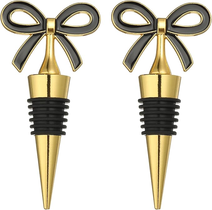 uxcell 2 Pcs Bow Wine Stopper, Reusable Wine Stoppers Airtight Leak-proof Bottle Plugs Liquor Saver Beer Beverage Glass Bottles Stopper for Bar Holiday Party Home Decor, Gold-Black