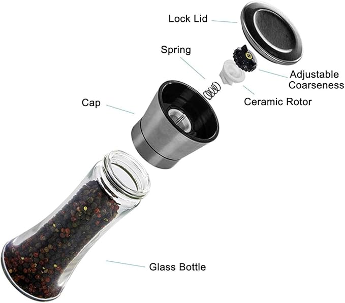 Elegant Pepper and Salt Grinder Set of 2, Best Spice Mill with Brushed Stainless Steel Cap, Ceramic Blades, Adjustable Coarseness, and Refillable Tall Glass Body with 6OZ Capacity (7.5").