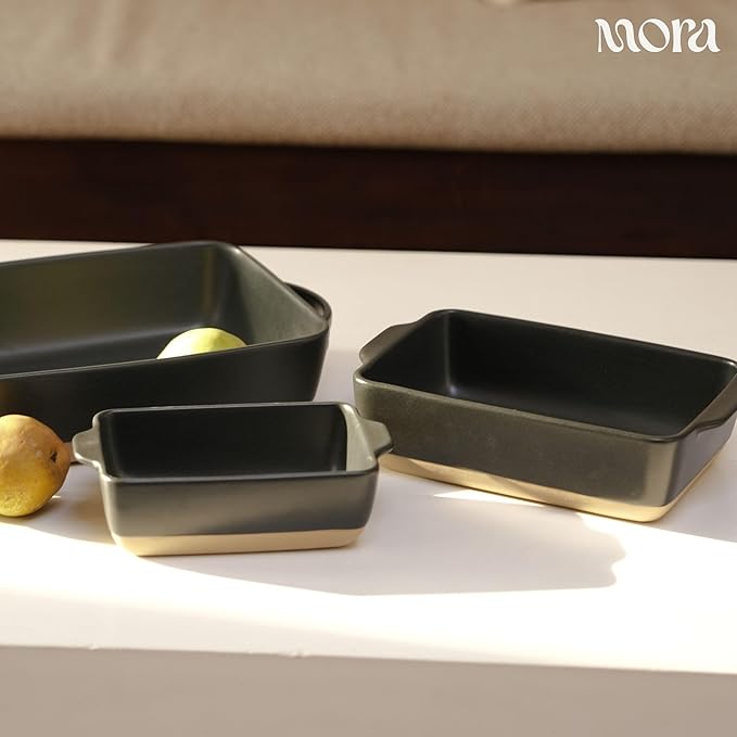 Mora Ceramic Set of 2 Baking Dishes For Casserole, Banana Bread, Brownies, Broiling, Roasting, and Baking. 7x11 in and Loaf Pans - Porcelain Serving Bakeware from Oven to Table. Freezer Safe - Liquorice