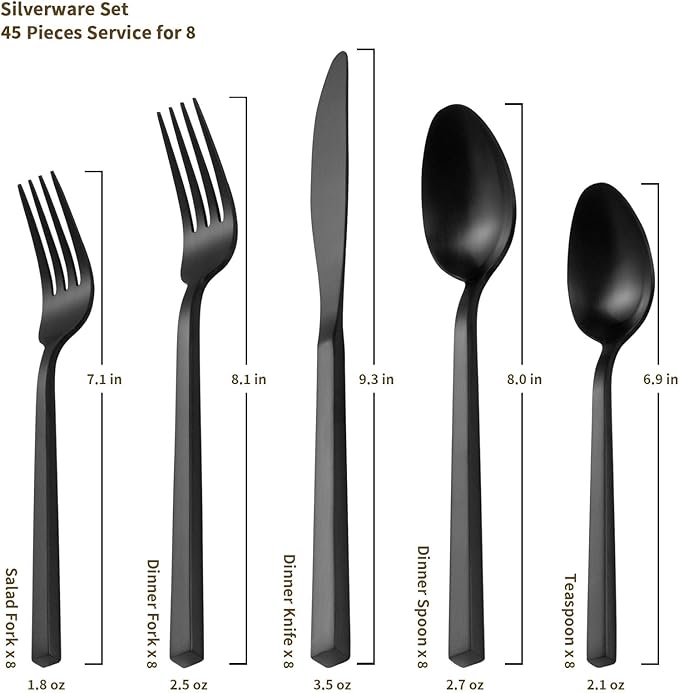 Alata Cube 45-Piece Forged Stainless Steel Flatware Set Cutlery Set with Utensil-Serving Set, Silverware Set Service for 8, Matte Satin Polished, Dishwasher Safe