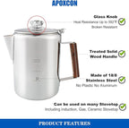 APOXCON Coffee Percolator Camping Coffee Pot Stainless Steel with Glass Knob Using on any Stovetop - NO Aluminum NO Plastic (9 Cup)