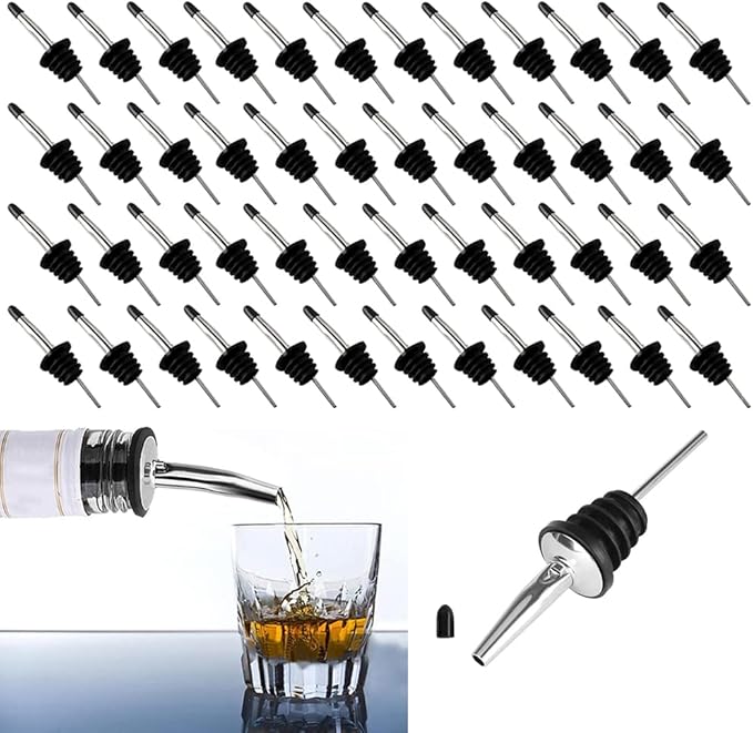 48 PCS Stainless steel bottle spout classic bottle pourers tapered spout liquor pourers with rubber dust caps for 1 inch bottle mouth, wine liquor olive oil coffee syrup vinegar bottles