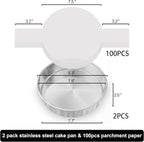AWTBDP 8 Inch Cake Pan Set of 2, Nonstick Stainless Steel Round Layer Cake Baking Pans with 100PCS Parchment Papers, Circle Cake Pan Tins for Birthday Christmas, Non-Toxic & Healthy, Dishwasher Safe