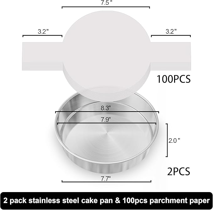 AWTBDP 8 Inch Cake Pan Set of 2, Nonstick Stainless Steel Round Layer Cake Baking Pans with 100PCS Parchment Papers, Circle Cake Pan Tins for Birthday Christmas, Non-Toxic & Healthy, Dishwasher Safe