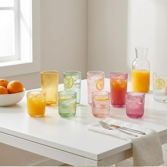 Khen Ribbed Textured Glassware | 8 Piece Set with 4 Highball 12.85oz and Lowball 9.13oz Tumblers Durable Reusable Water Juice Soda Iced Coffee Cocktail Lemonade Cups Dishwasher Safe
