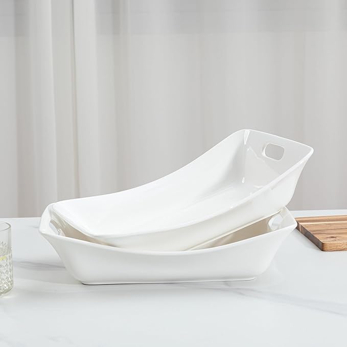 LEHAHA Large Serving Bowls with Handles, Set of 2 White Porcelain Bowl Set, Durable Ceramic Salad Bowls, 2 Quarts Rectangular Serving Platter for Turkey, Fruit Salad Serving Dishes for Entertaining