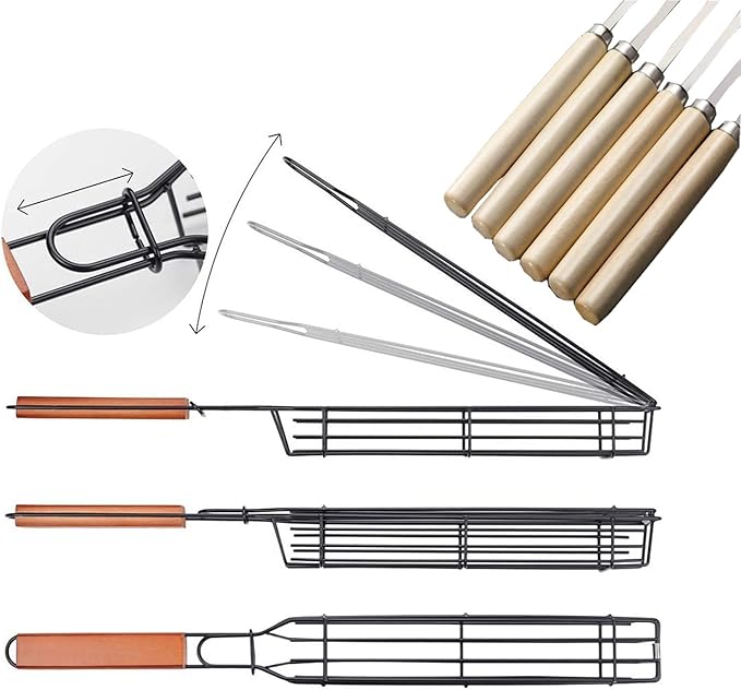 Kabob Grilling Set - 6 Non-Stick Grill Baskets & 6 Stainless Steel Skewers - Long Handle, 15.5 Inch, Steel